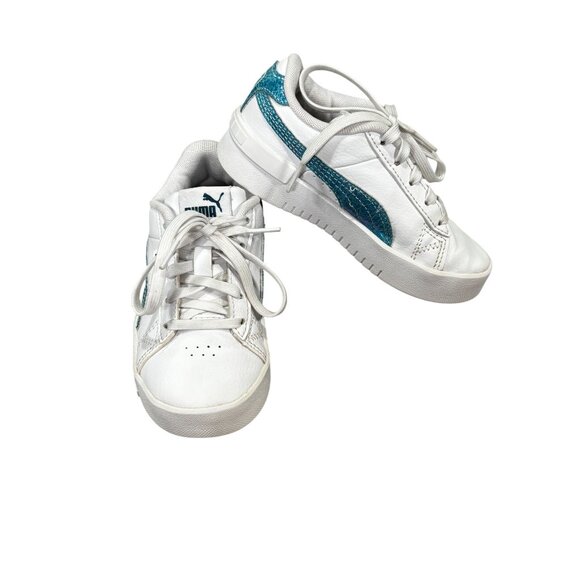 Puma Kids White Sneakers With Teal Glitter Puma Logo Design Size 11C - Picture 1 of 7